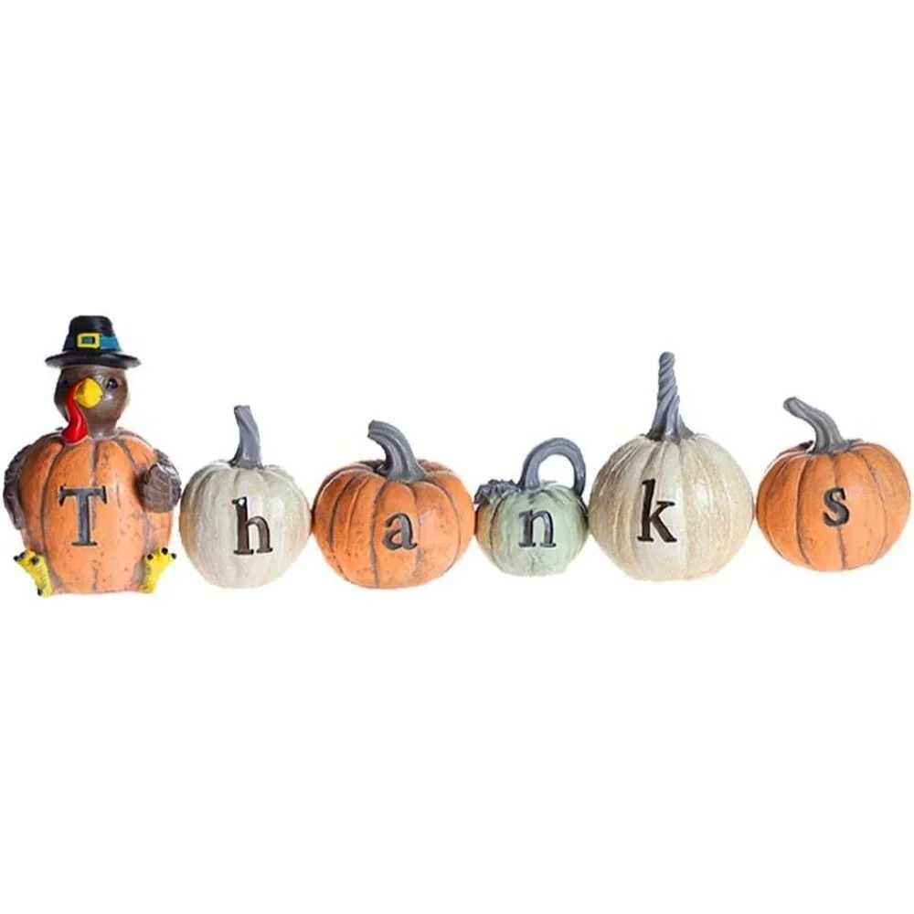 Set of 6 Hand-Painted Turkey Pumpkin with Engraved Thanksgiving Decoration